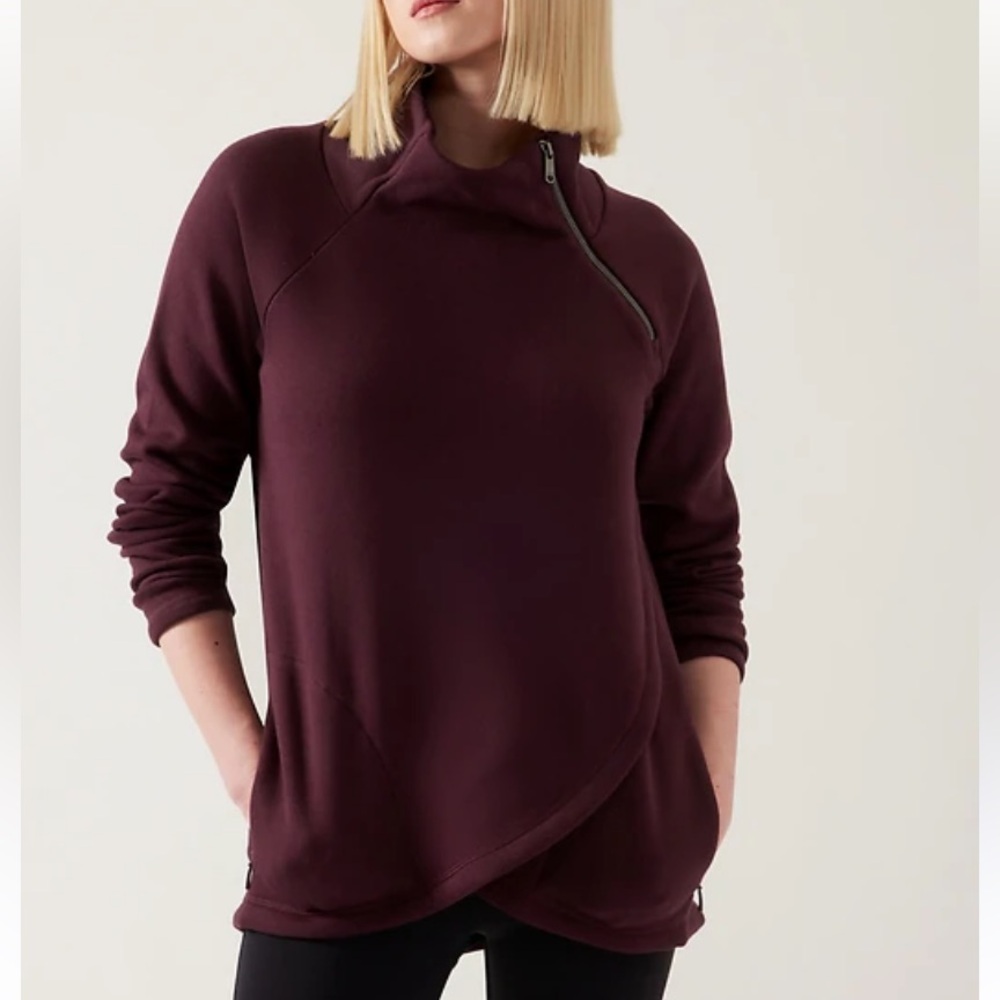Athleta Cozy Karma Asym Pullover Sweatshirt XXS Burgundy Fleece Lined Wrap